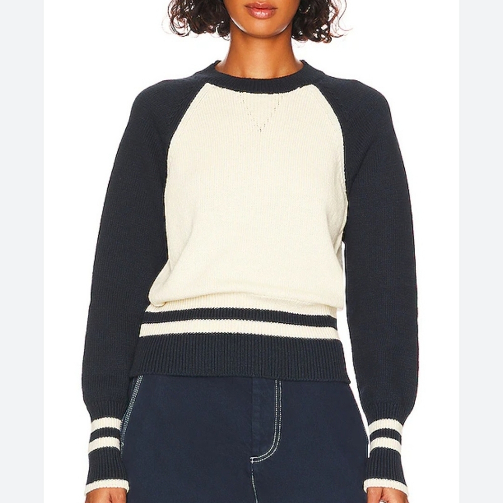 Veronica Beard Navy and Cream Raglan Crewneck Sweater - Picture 1 of 11